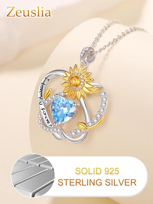 Zeuslia Double Birthstone Necklace Gifts for Wife - 925 Sterling Silver Sunflower/Rose/Crown Cross/Compass/Heart Pendant I Love You Necklace, Anniversary Birthday Gifts for Wife Girlfriend Mom Her
