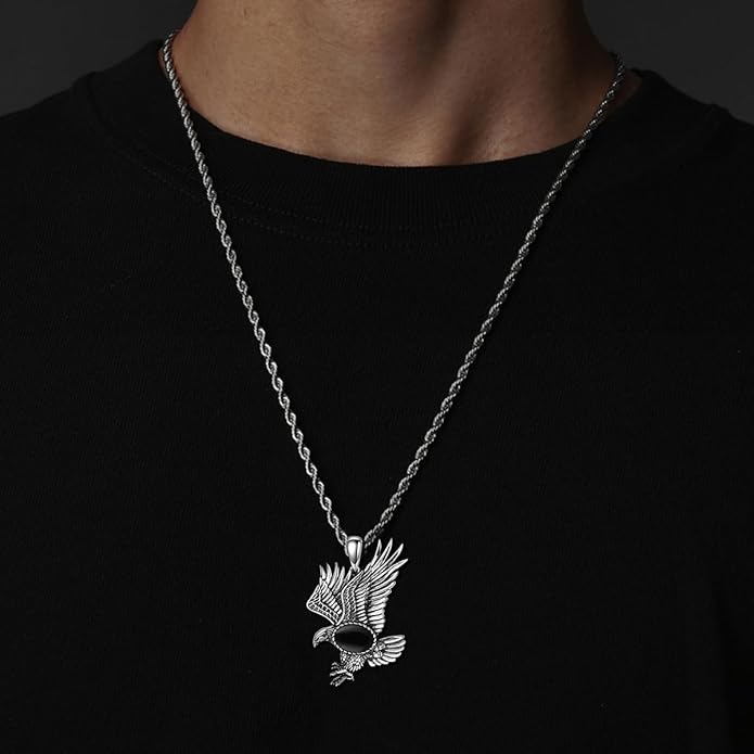 BETHZA Eagle Necklace for Men 925 Sterling Silver Real Gemstone Vintage Hawk Pendant Western Viking Animal Jewelry Gifts for Father