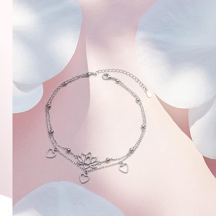 FLYOW Anklet for Women S925 Sterling Silver Adjustable Foot Beaded Heart Charm Ankle Bracelet Anklets Jewelry