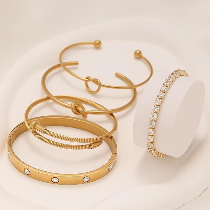 FAFUGA 18 K Gold Plated Love Bangle Bracelet Stack Cuff Jewelry for Women Jewelry Set for Women Gift with Box