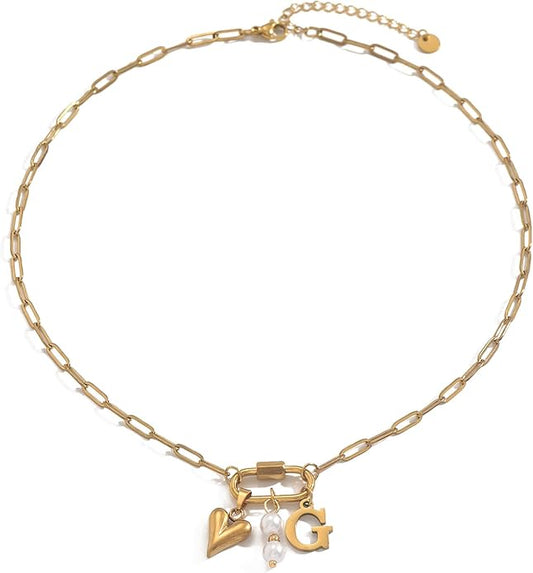 Gold Heart Initial Necklaces for Women 18K Gold Plated Dainty Pearl Letter Necklace Personalized Monogram Name A-Z Pendant Everyday Jewelry for Women