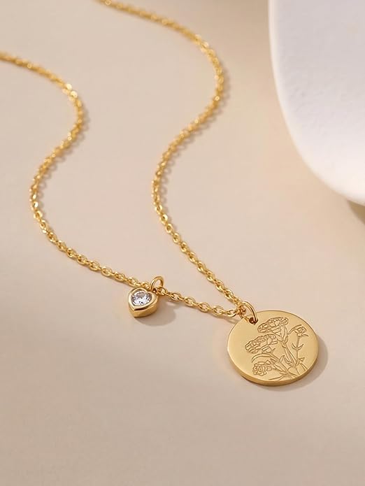 Birth Flower Necklace, 14K Gold Plated Floral Pendant Necklaces for Women, Simple Dainty Birth Month Flower Necklace, Birthday Jewelry for Women - 12 Month