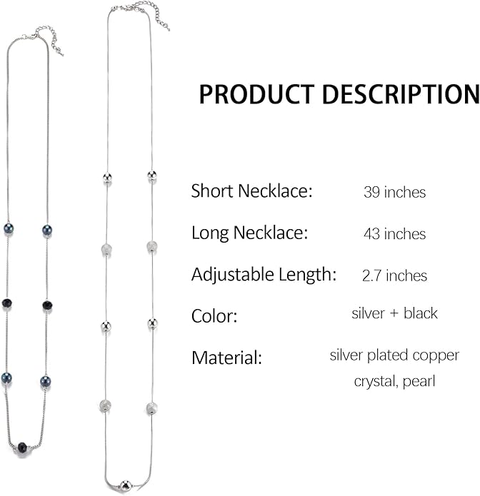 Silver Layered Long Necklace for Women Pearl Crystal Sweater Strand Chain Necklaces Fashion Gifts