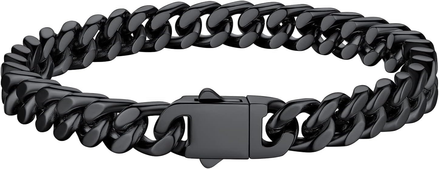 Bestyle Thick Mens Cuban Link Chain Bracelets, Durable Real 18K Gold/Black Metal Plated Solid Stainless Steel Hand Chain Cuban Bracelets for Men, Silver Black Gold Bracelets for Father Husband