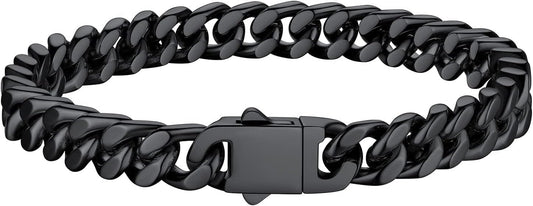 Bestyle Thick Mens Cuban Link Chain Bracelets, Durable Real 18K Gold/Black Metal Plated Solid Stainless Steel Hand Chain Cuban Bracelets for Men, Silver Black Gold Bracelets for Father Husband