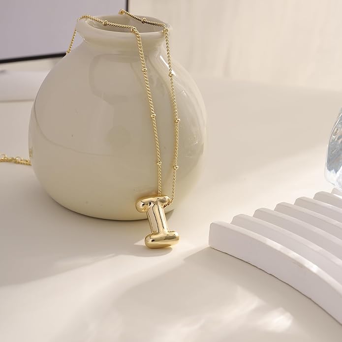 Initial Necklaces for Women, 14k Gold Plated Bubble Letter Necklace Chunky Gold Necklace Dainty Charm Initial Necklaces for Women Trendy Custom Preppy Stocking Stuff Necklace Christmas Gifts