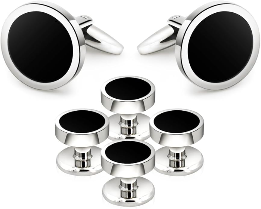 Men's Black Onyx Cufflink & Tuxedo Shirt Stud Set, 16mm Rhodium-Plated Brass, Elegant Gift Box