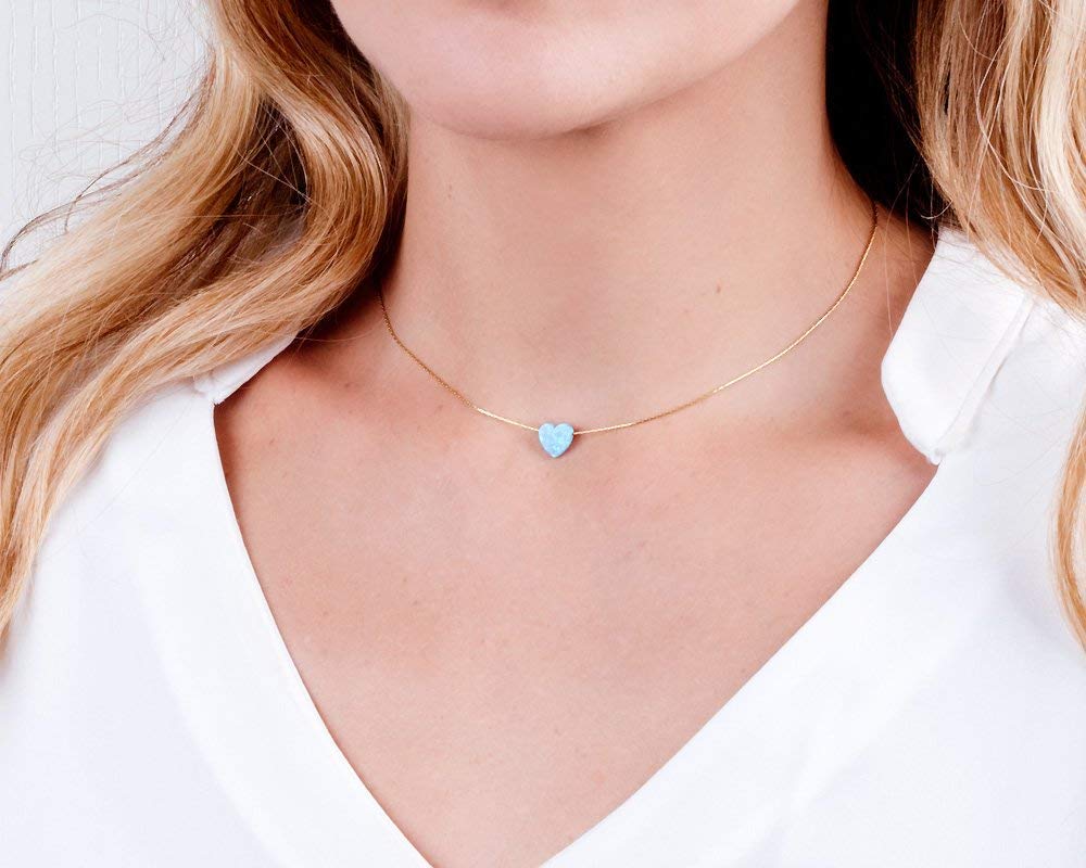 Blue Opal Heart on 14K Gold Filled Choker Necklace - Designer Handmade Thin Collar for Women - Length: 13.5 inch + 3 inch Extender (gold filled, blue)