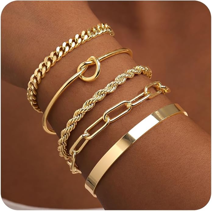 Gold Bracelets for Women Non Tarnish, 14K Gold Plated Chunky Cuff Bracelet Gold Bangles Bracelet for Women Trendy Tie Knot Cuban Rope Paperclip Beaded Bracelet Stack Jewelry Gifts