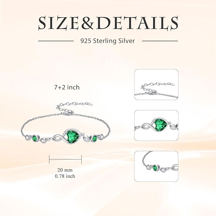 Infinity Birthstone Bracelet 925 Sterling Silver Heart Love Infinity Link Bracelet Fine Jewelry Birthday Christmas Gifts for Women Girlfriend Wife