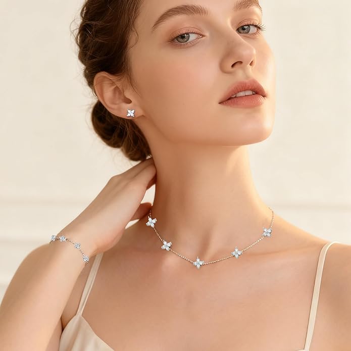 Necklaces Jewelry Set for Women Dainty 14K Silver Plated Four Leaf Bracelet Choker Necklace and Earring Jewelry Set for Women Mom Daughter Gifts
