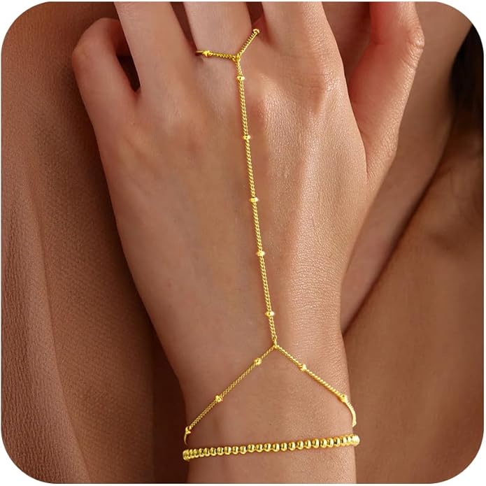 Yoosteel Hand Chain Bracelet for Women - Dainty 14K-Gold-Plated Finger Ring Hand Chains Layered Trendy Link Bracelets Jewelry Gifts for Women