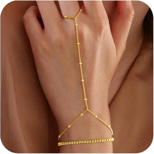 Yoosteel Hand Chain Bracelet for Women - Dainty 14K-Gold-Plated Finger Ring Hand Chains Layered Trendy Link Bracelets Jewelry Gifts for Women