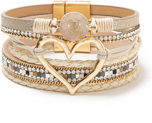 Rantanto Braid Leather Wrap Bracelet Trendy Stackable Crystal Cuff Boho Gold Heart Bracelet Jewelry Gift For Women