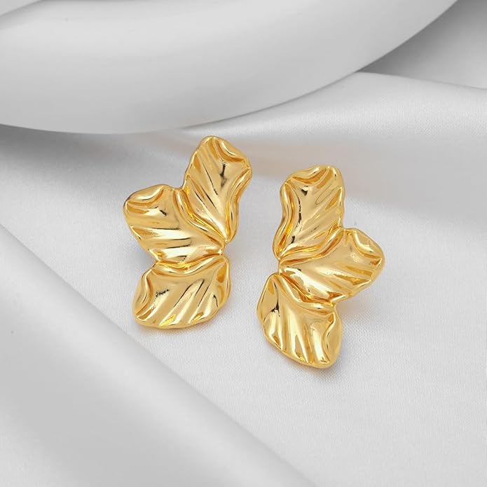 Chunky Gold Statement Earrings For Women Gold Plated Sectored Flower Leaf Shell Angel Wing Earrings Large Stud Earrings Hypoallergenic Earrings