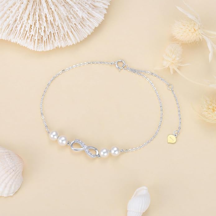 SISGEM 10k Gold Infinity Anklet for Women, Real Freshweter Cultured Pearl and Created Moissanite Love Jewelry Ankle Bracelet for Her, 9.4-11 Inches