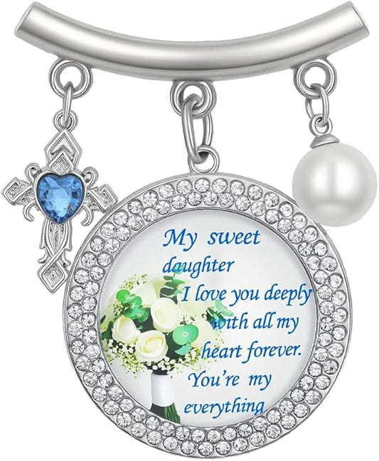 Wedding Bridal Pin, Something Blue Silver Crystal Brooch with Blue Heart Charm, Pearl Accent and Sentimental Message for Mother of Bride Gift