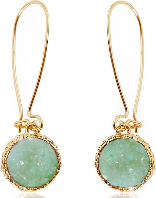 Simulated Druzy Threader Drop Earrings for Women - Gold, Silver, or Rose Gold Tone Trendy Boho Dangles with Sparkly Round Stone
