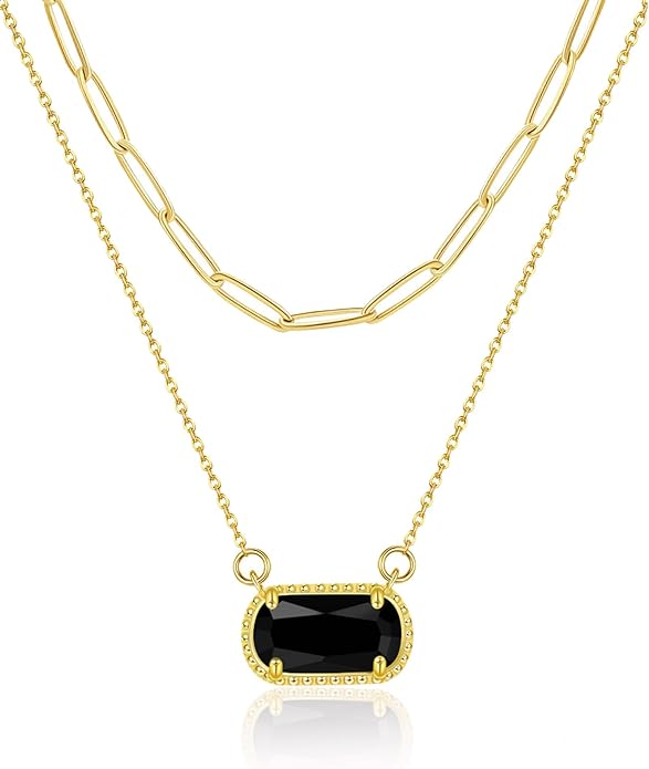 Lourny Gemstone Birthstone Pendant Layered Necklace for Women Trendy, 18K Gold Plated Paperclip Chain Preppy Choker Charm Necklace for Women Wife Jewelry