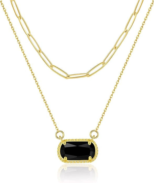 Lourny Gemstone Birthstone Pendant Layered Necklace for Women Trendy, 18K Gold Plated Paperclip Chain Preppy Choker Charm Necklace for Women Wife Jewelry