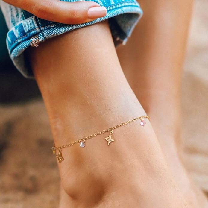 MTMY Gold Anklets for Women 14K Gold Plated Tiny Bead Anklet Colorful Tassel Foot Chain Dainty Adjustable Cute Summer Beach Boho Anklets Jewelry Gift