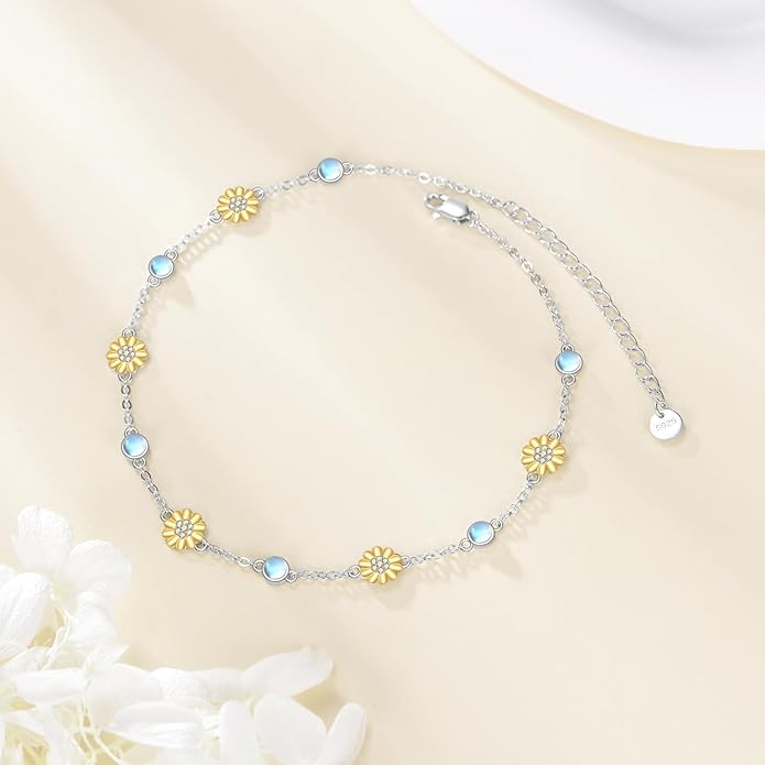 CRMAD 925 Sterling Silver Daisy/Sunflower Moonstone Anklet Daisy Flower Ankle Bracelet for Women Beach Dainty Jewelry