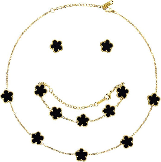 AmorArtSky Lucky Clover Jewelry Set - 18K Gold Plated Flower Design Five Leaf Bracelet, Necklace Pendant, Earrings for Women - Lucky Gifts for Mom, Wife, Daughter, Friends