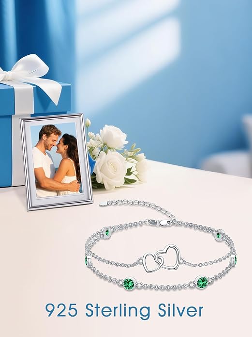 Dorunmo Heart Birthstone Bracelet Anklet for Women 925 Sterling Silver Birthday Jewelry Gifts for Women Wife