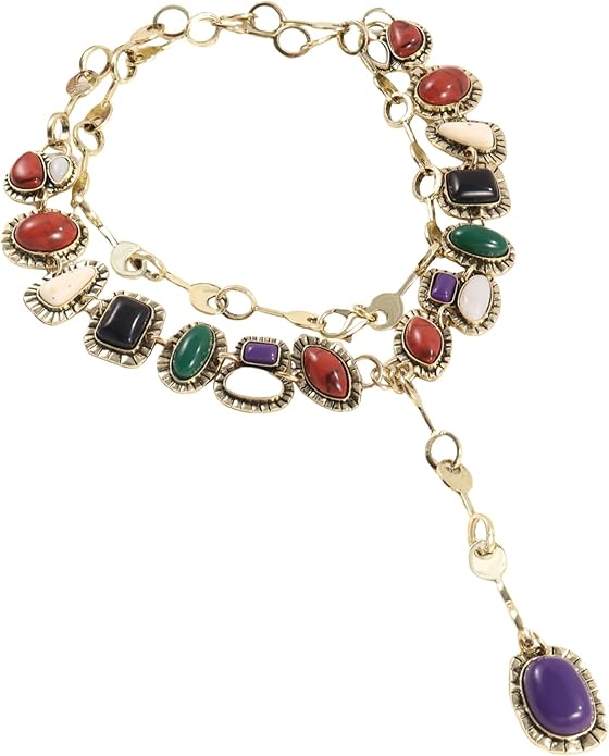 Vintage Bohemia Necklace Golden Charm Gemstone Necklace for Women Long Pendant Jewelry