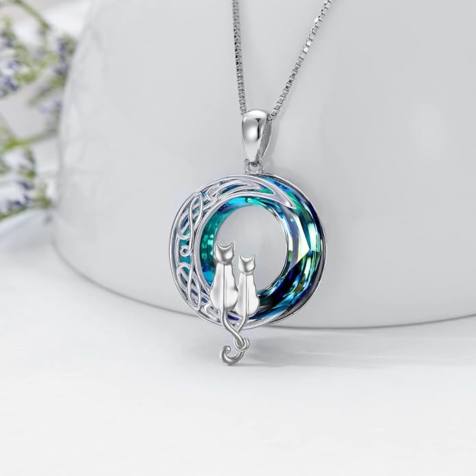 TOUPOP Christmas Cat Gifts for Cats Lovers One Two Three Four Cats Necklace Sterling Silver Cats on the Moon Pendant Necklace with Blue Circle Crystal Birthday Christmas Celtic Jewelry Gifts for Women
