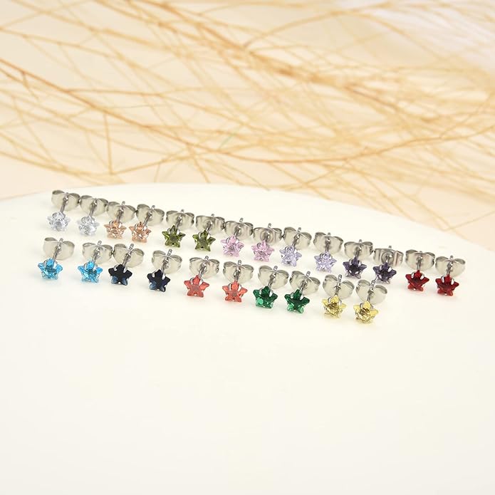12 Pairs 18K Gold Plated Surgical Stainless Steel Stud Earrings, Star Heart Square Stud Earring for Women, Cubic Zirconia Birthstone Stud Earrings Set