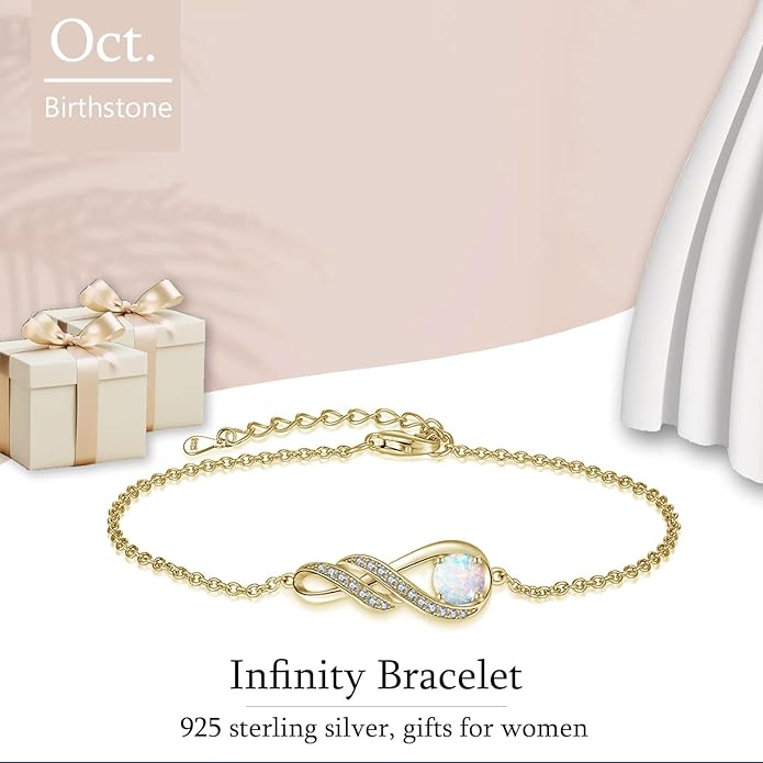 Birthstone Bracelets for Women 925 Sterling Silver Created Gemstone Bracelet Infinity Pendant Jewelry for Her, 6.7"+1.2"