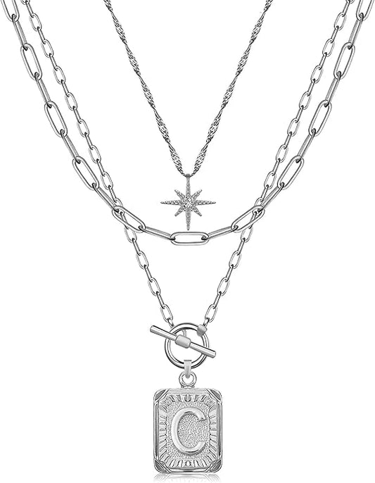 MJartoria Layered Initial Necklaces for Women Trendy, 14K Gold Plated Brass Simple Star Choker Square Letter Pendant Necklace, Paperclip Chain Necklaces Jewelry Gifts