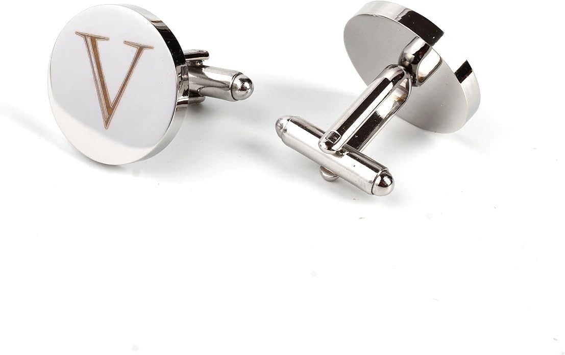 Mens Initial Silver Cufflinks A-Z Alphabet Letter Steel Cuff Links with Engraved Walnut Wood Box Groom Groomsman Wedding Set…