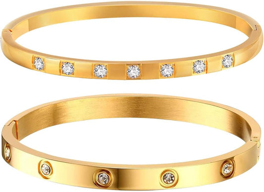 MPRAINBOW Gold Bracelets for Women, 2Pcs 18K Gold Plated Cubic Zirconia Bangle Crystal Friendship Bracelet Jewelry,Wedding Party Christmas Birthday Gifts for Her Girlfriend Sister Daughter