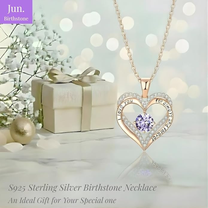 Birthstone Heart Necklace for Women Wife Girlfriend Mom Daughter Gifts S925 Silver Jewelry For Anniversary Rose Gold Gifts For Birthday Christmas Mothers Valentines Day