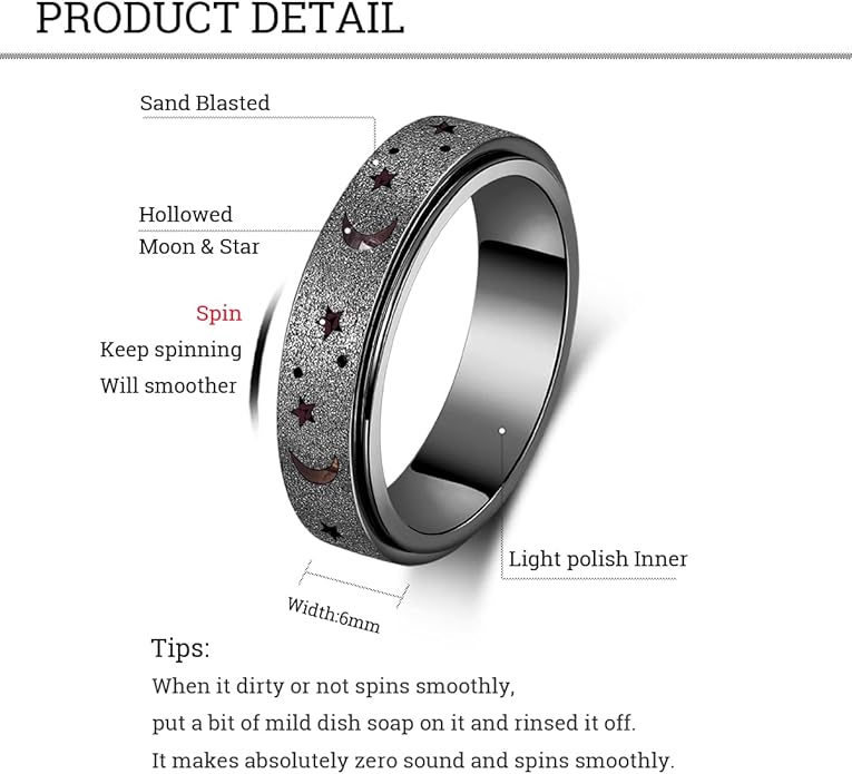 AmorArtSky Anxiety Ring for Women Men, Titanium Stainless Steel Spinner Ring, 5 Colors, 6MM, Size 6-10, 3 Styles Anxiety Ring-Moon Star, Sandblasted Finished, Hollow Outer