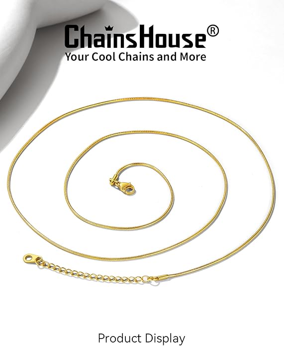 ChainsHouse Snake Chain Necklace for Women 1.2mm, 18-30" Adjustable with 5cm Extender for Pendants Lockets, Rose Gold/Stainless Steel/Black/14K Gold Hypoallergenic Dainty Jewelry Gift