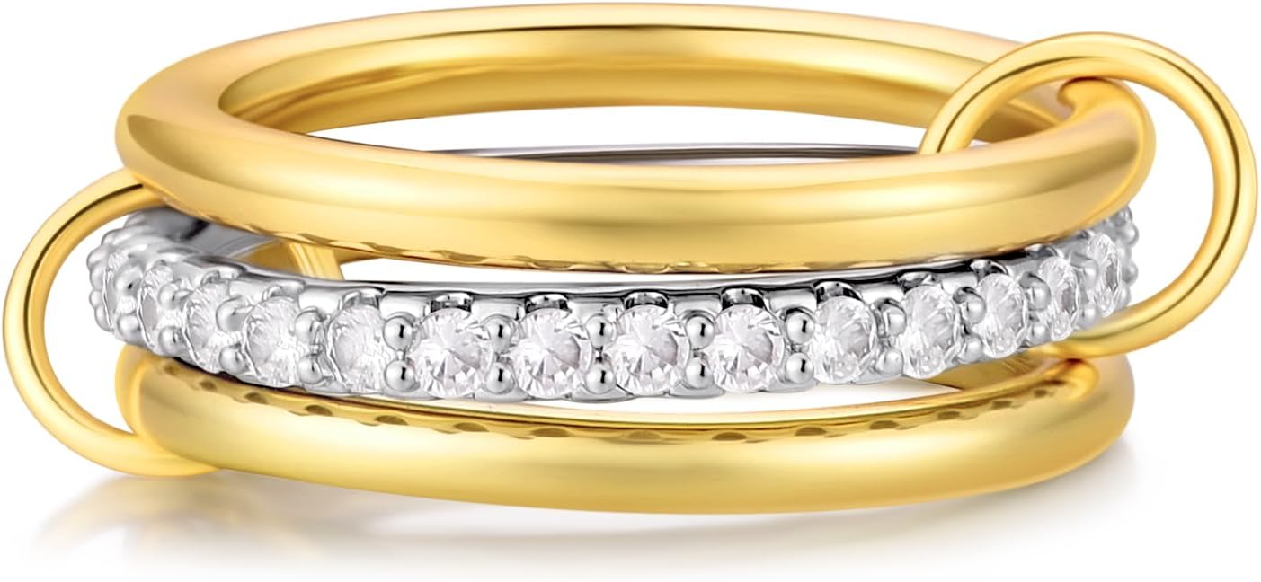 Canboer 14K Gold Plated Interlocked Stackable Rings for Women Non Tarnish,Gold and Silver Cubic Zirconia Statement Rings Set,Mixed Metals Ring Two-Toned Connected Bands Stacking Jewelry