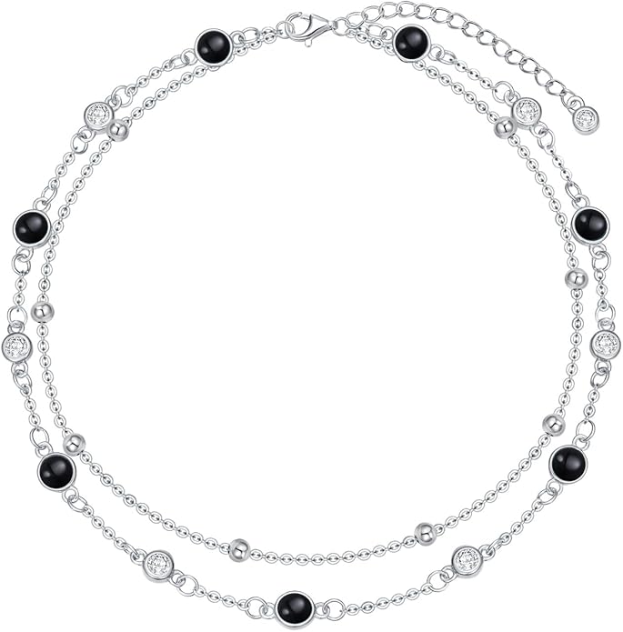 Anklets for Women 925 Sterling Silver Natural Stone Layered Anklet Beach Summer Fine Jewelry Birthday Christmas Gifts for Women Her Mom
