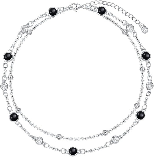 Anklets for Women 925 Sterling Silver Natural Stone Layered Anklet Beach Summer Fine Jewelry Birthday Christmas Gifts for Women Her Mom