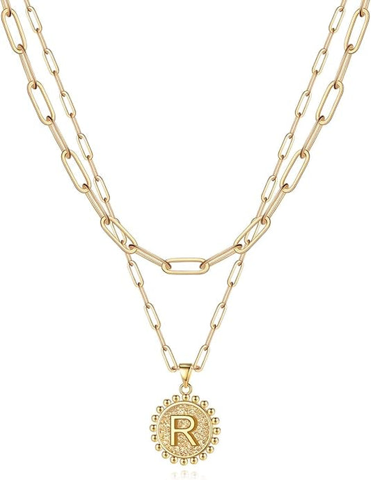 Yoosteel Gold Initial Necklaces for Women, 14K Gold Plated Dainty Layering Paperclip Link Chain Necklace Coin Initial Layered Necklaces for Women Personalized Birthday Gifts
