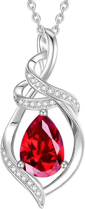 FANCIME Teardrop Gemstone Necklace for Women S925 Sterling Silver Elegant Ribbon Pendent Birthday Gifts for Her, 16"+2" Inches