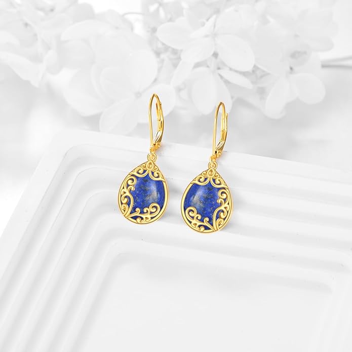 Filigree Earrings Sterling Silver Teardrop Moonstone Moss Agate Lapis Lazuli Larimar Emerald Peridot Opal Dangle Dangly Drop Leverback Earrings Boho Jewelry Gifts for Women