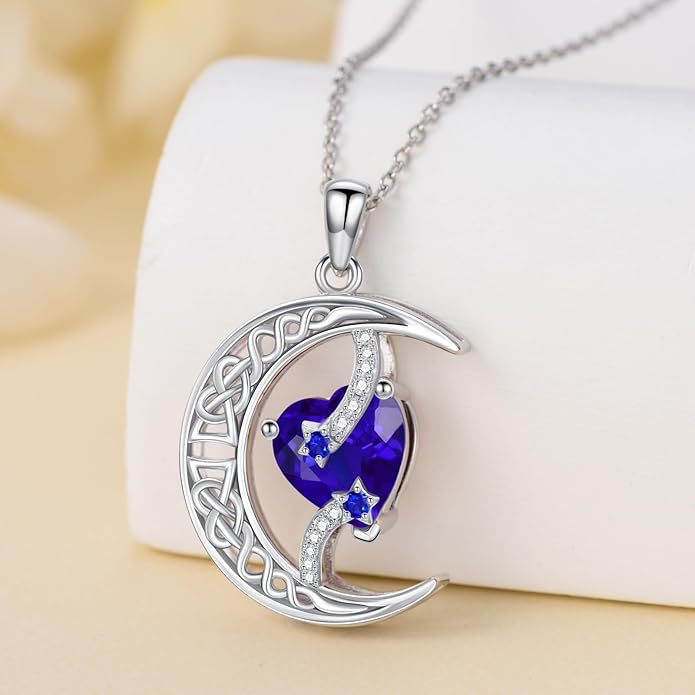 TOUPOP Moon and Star Birthstone Necklace for Women 925 Sterling Silver Celtic Moon Jewelry Birthday Christmas Gifts for Her Girlfriend