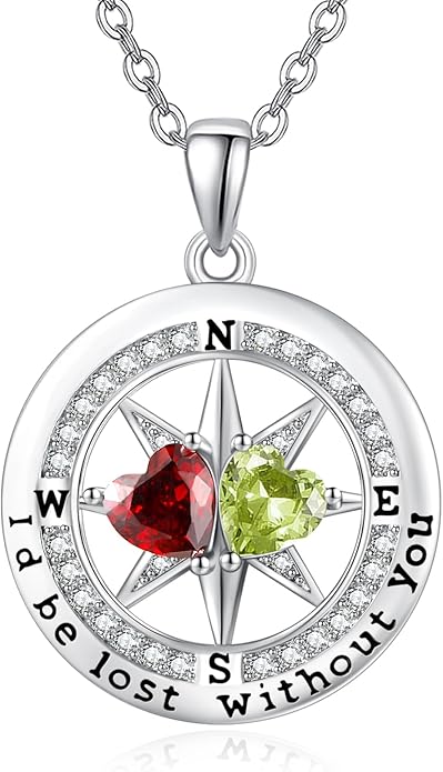 Compass Birthstones Necklace for Women, Exquisite Anniversary Birthday Gifts for Wife Her Double Birthstone Pendant jewelry ‘I'd be Lost Without You’