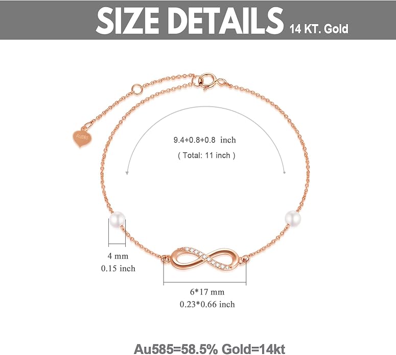 14k Gold Natural Diamond Infinity Anklets for Women, Real Gold Pearl Jewelry Ankle Bracelet Gifts for Her, 9.4-11 Inch