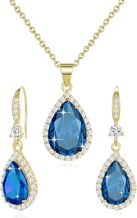 Sumonyo Women Jewelry Set Silver/Gold Plated Teardrop Pendant Necklace Dangle Drop Earrings Dangling Sets Birthstone Crystals Rhinestone,Birthday Anniversary Wedding Mother’s Day Gifts for Women
