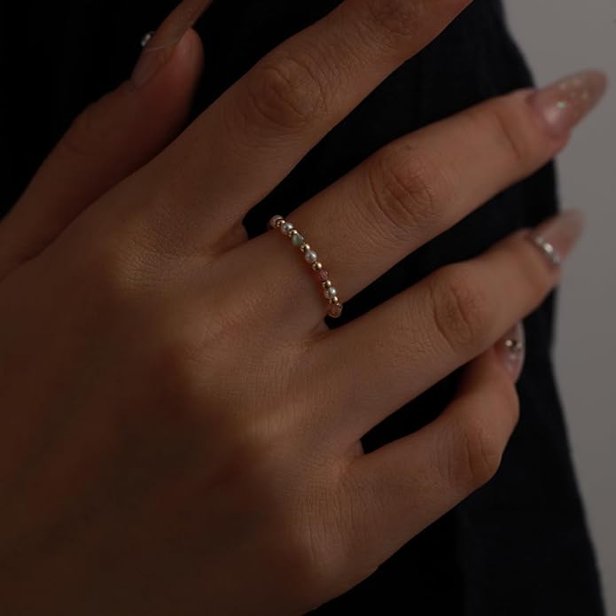 2-2.5mm 14k Gold Filled Rainbow Ring Stackable Round Natural Colored Crystal Freshwater Pearl Ring Gift for Women