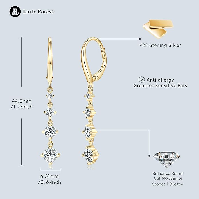Moissanite Drop Dangle Earrings for Women 925 Sterling Silver Leverback Earring D-E Color VVS1 Clarity Hypoallergenic Jewelry Promise Birthday Christmas with Certificate